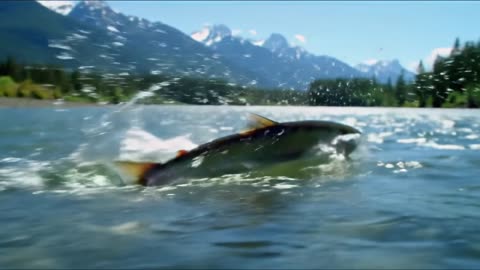 Epic Fish Jump with Majestic Mountain Backdrop