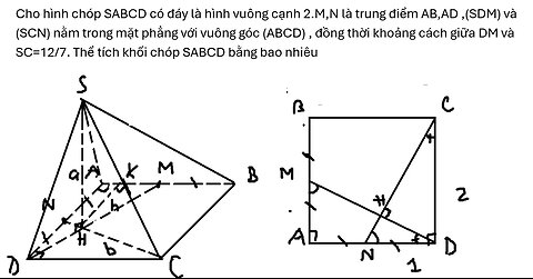 Toán 11: cho hình chóp SABCD có đáy là hình vuông cạnh 2.M,N là trung điểm AB,AD ,(SDM)