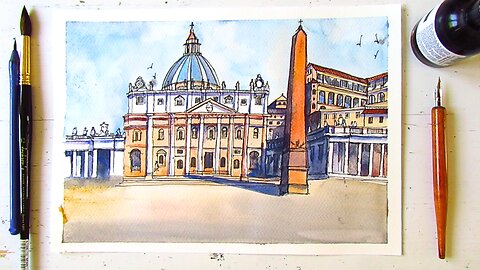 Sketching Vatican City| Dip Pen & Watercolor Architecture Drawing | St. Peter’s Basilica