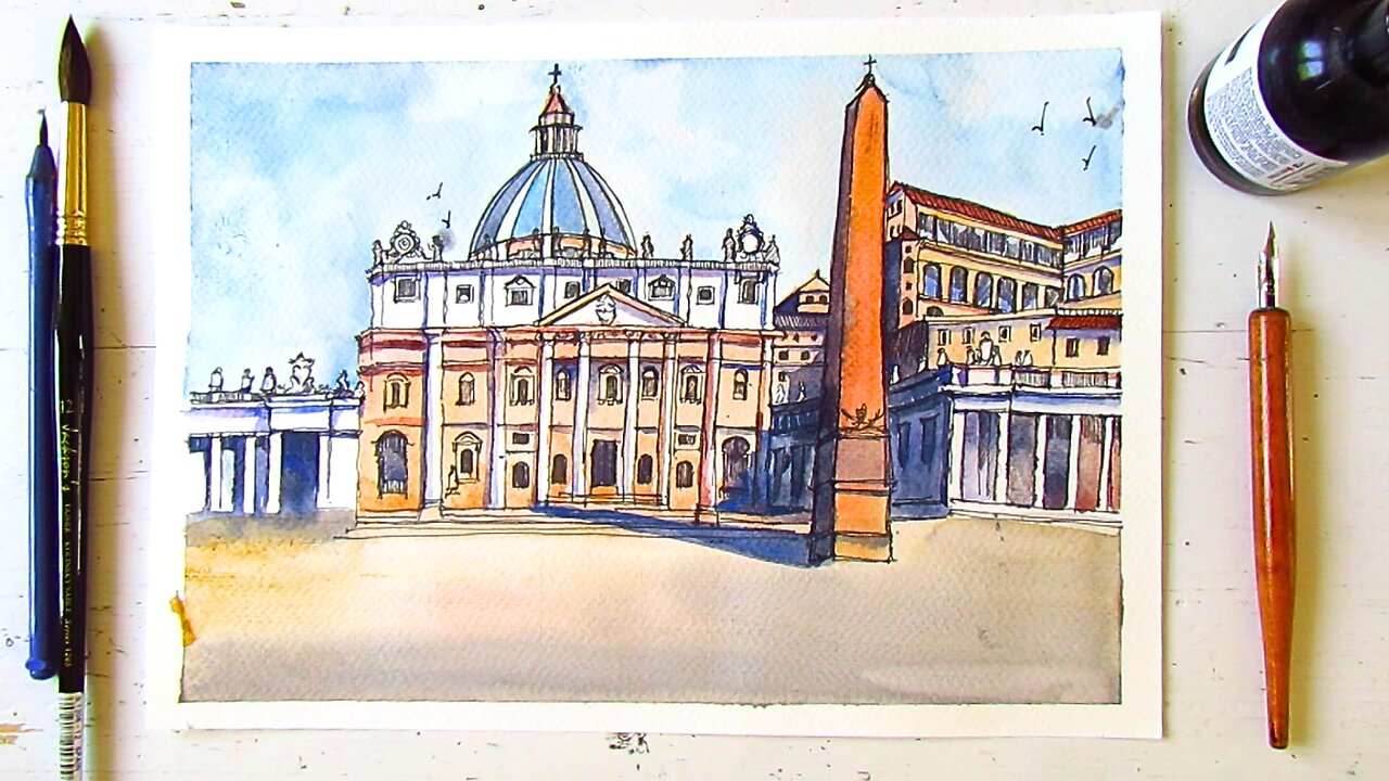 Sketching Vatican City| Dip Pen & Watercolor Architecture Drawing | St. Peter’s Basilica