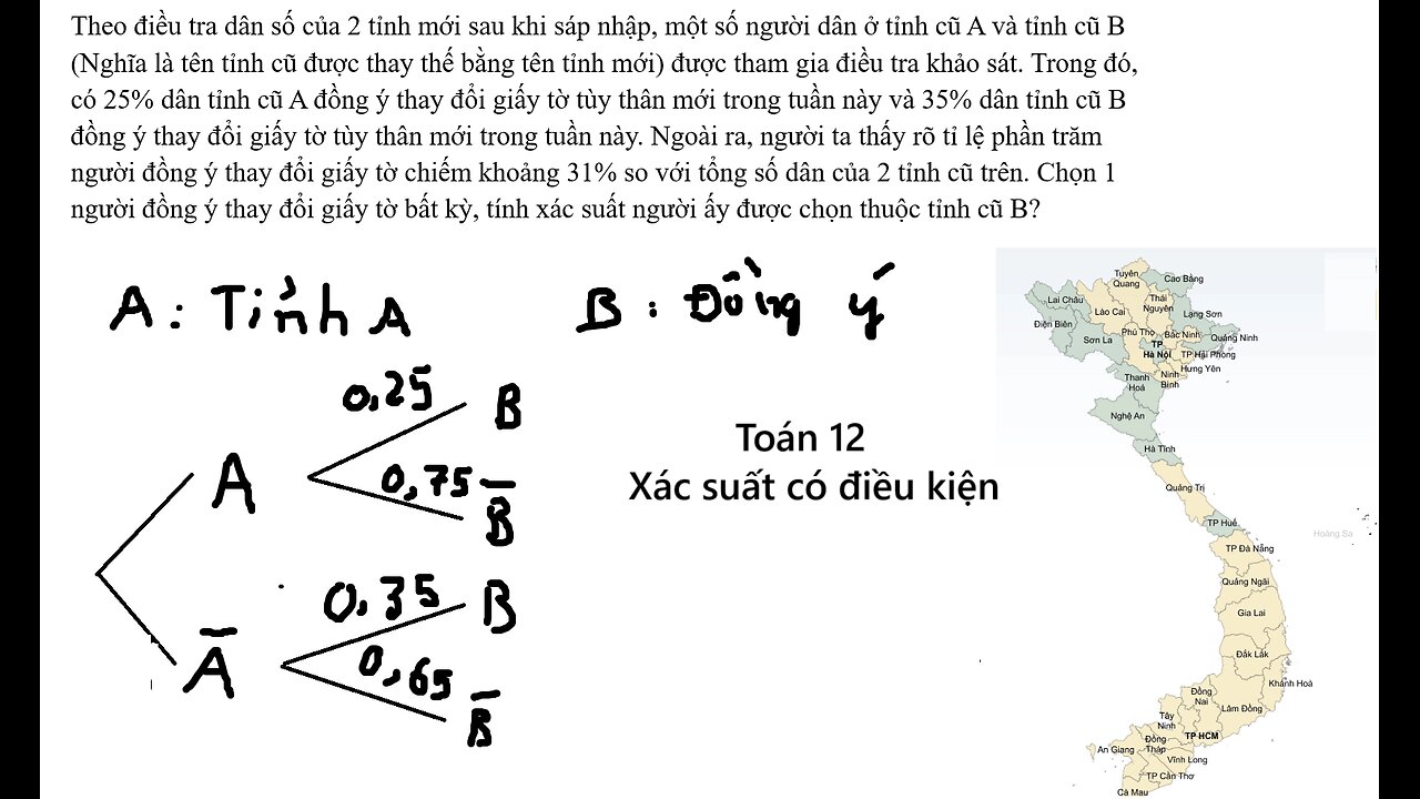 Toán 12: Xác suất có điều kiện: Theo điều tra dân số của 2 tỉnh mới sau khi sáp nhập, một số người