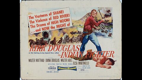 Andre de Toth's The Indian Fighter, Western 1955. Kirk Douglas, Walter Matthau, Diana Douglas, Walter Abel, Lon Chaney, Eduard Franz, Alan Hale, Elsa Martinelli, Hank Worden, Ray Teal, Elisha Cook