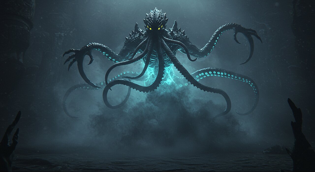 Epic Fantasy Horror: Colossal Tentacled Creature Emerges from the Fog