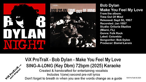 Bob Dylan - Make You Feel My Love SING-A-LONG (Key Dbm) 72bpm (2025) Karaoke