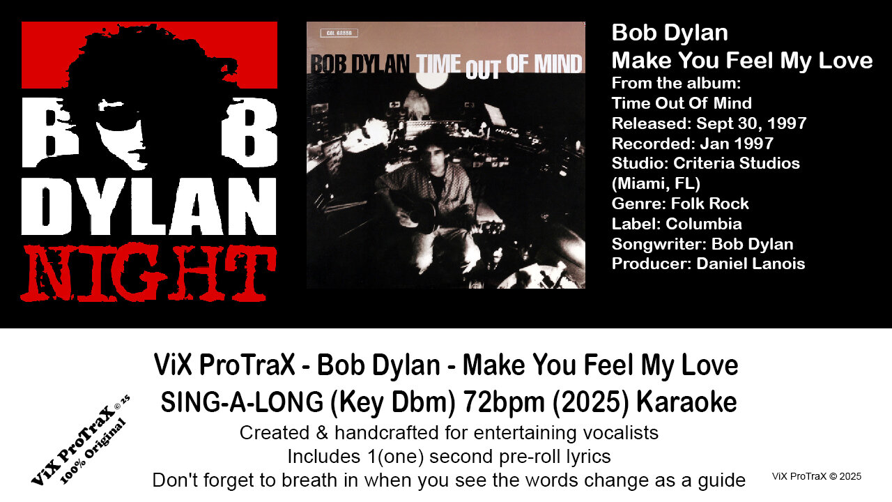Bob Dylan - Make You Feel My Love SING-A-LONG (Key Dbm) 72bpm (2025) Karaoke