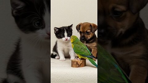 Parrot Surprises Baby Kitten and Puppy