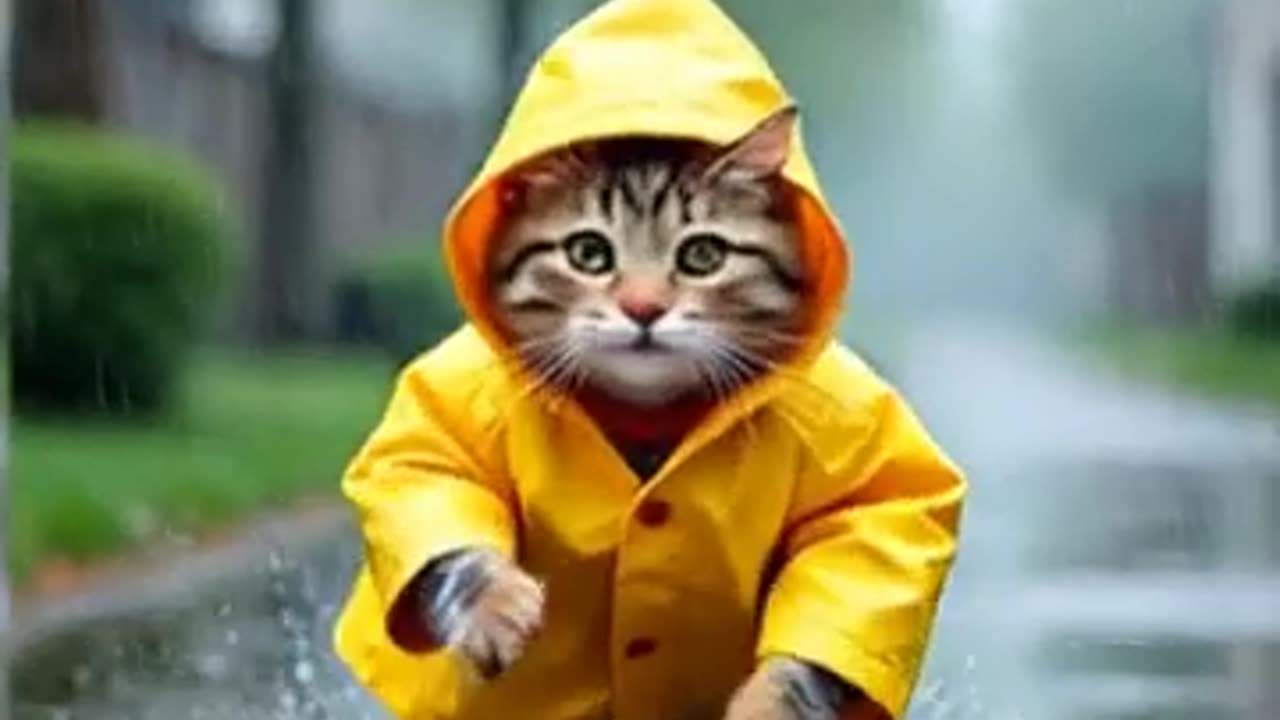 Cat In Rain With Rain Coat