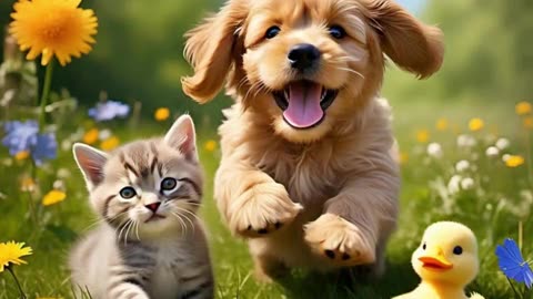 Cute Cat, Dog, and Duck Playing Together – Adorable Animal Friendship! 🐱🐶🦆