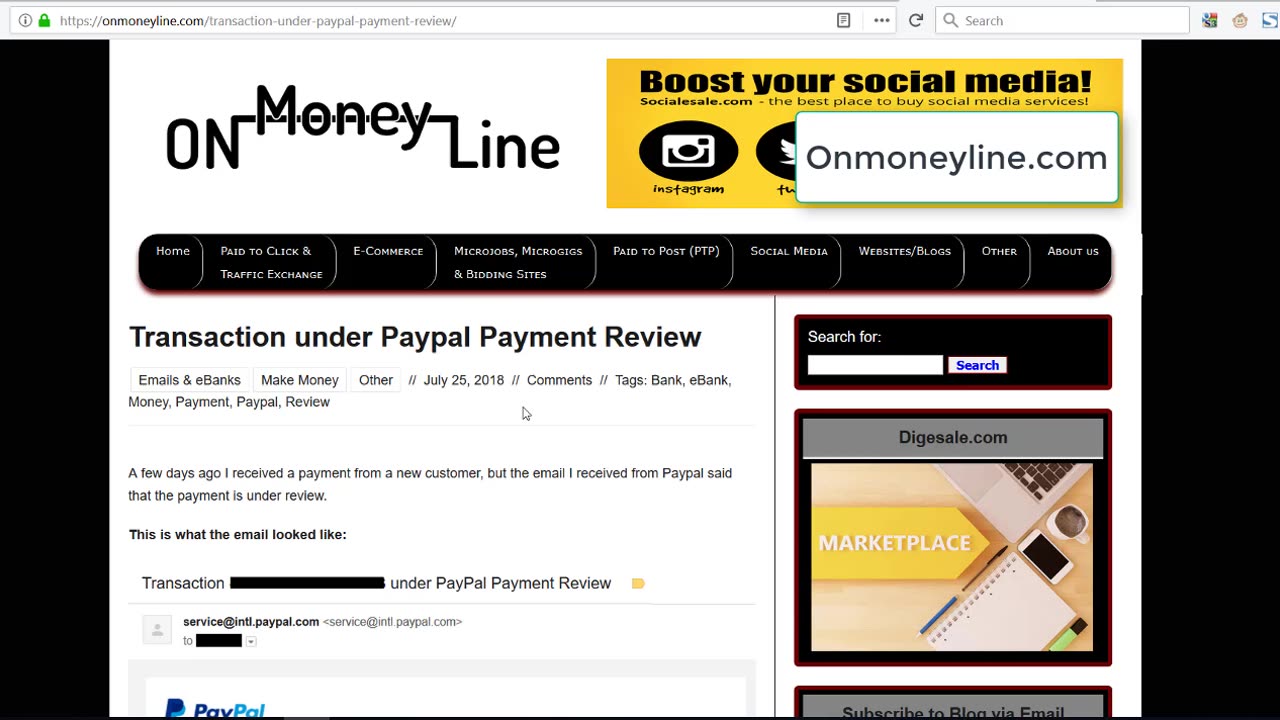 Transaction under Paypal Payment Review - Onmoneyline