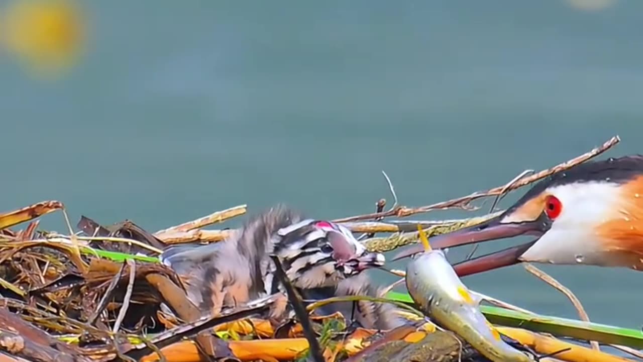 Grebe raising chicks