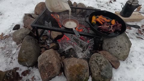 Campfire Breakfast Bacon, Eggs, Pancakes, Peppers and Coffee Cast Iron Skillet