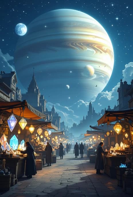 A bustling celestial marketplace on Saturn, illuminated by soft, ethereal moonlight, wi