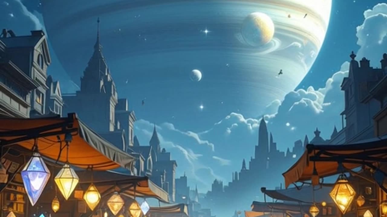 A bustling celestial marketplace on Saturn, illuminated by soft, ethereal moonlight, wi