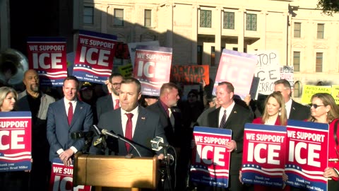 1 A small group of protesters against ICE gathered. At Brad Miller Press Conference.