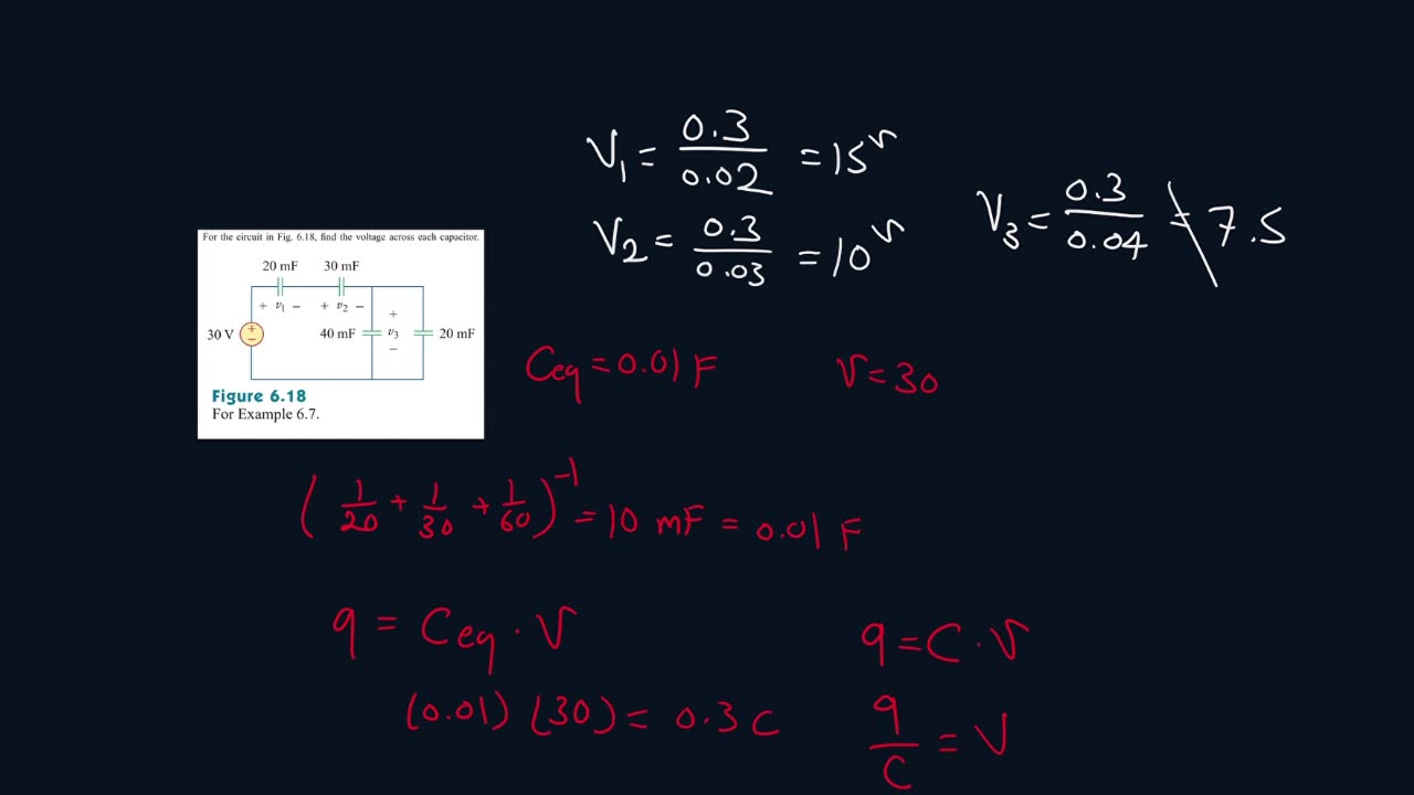 Example 6.7 | Fig. 6.18, find the voltage across each capacitor | FEC 4th Edition
