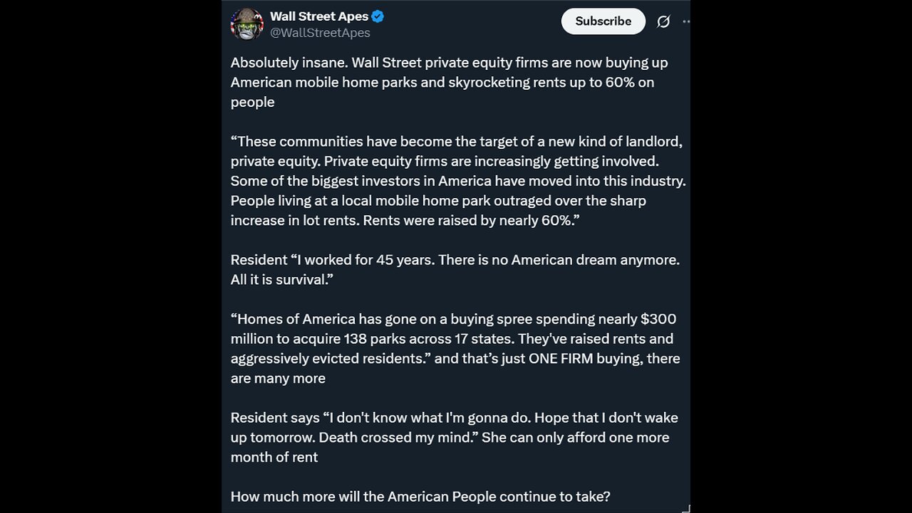 Absolutely insane. Wall Street private equity firms are now buying up American mobile home