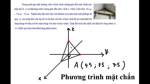 Toán 12: Hình học không gian Oxyz: Trong một góc nhà xưởng, nền và hai vách vuông góc đôi một; đỉnh