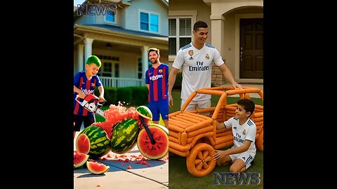 Ronaldo and Messi compete in building cars, and their sons are with them too.