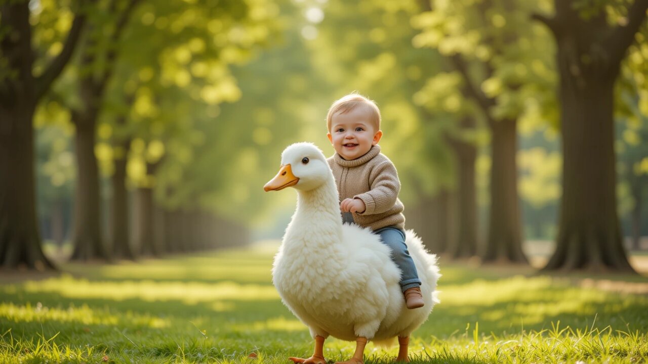 "Joyful Baby Takes a Fun Ride on a Fluffy Duck! 🦆💖🚀"