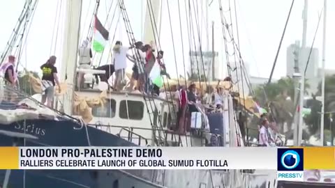 London demonstrators celebrate launch of Global Sumud Flotilla to break Israel's siege on Gaza.
