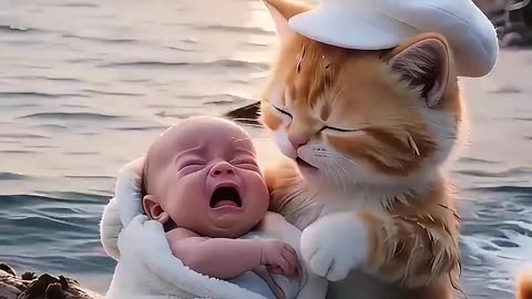 Fluffy Cat Help Cute Baby😮