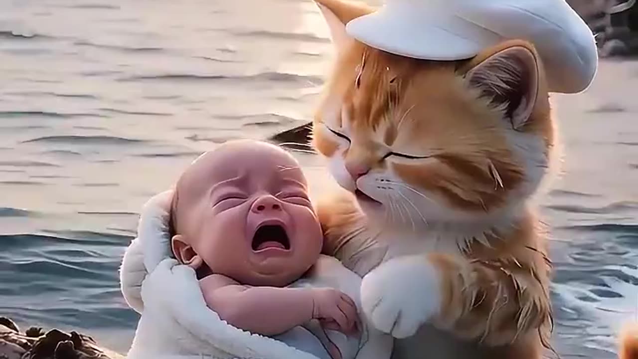 Fluffy Cat Help Cute Baby😮
