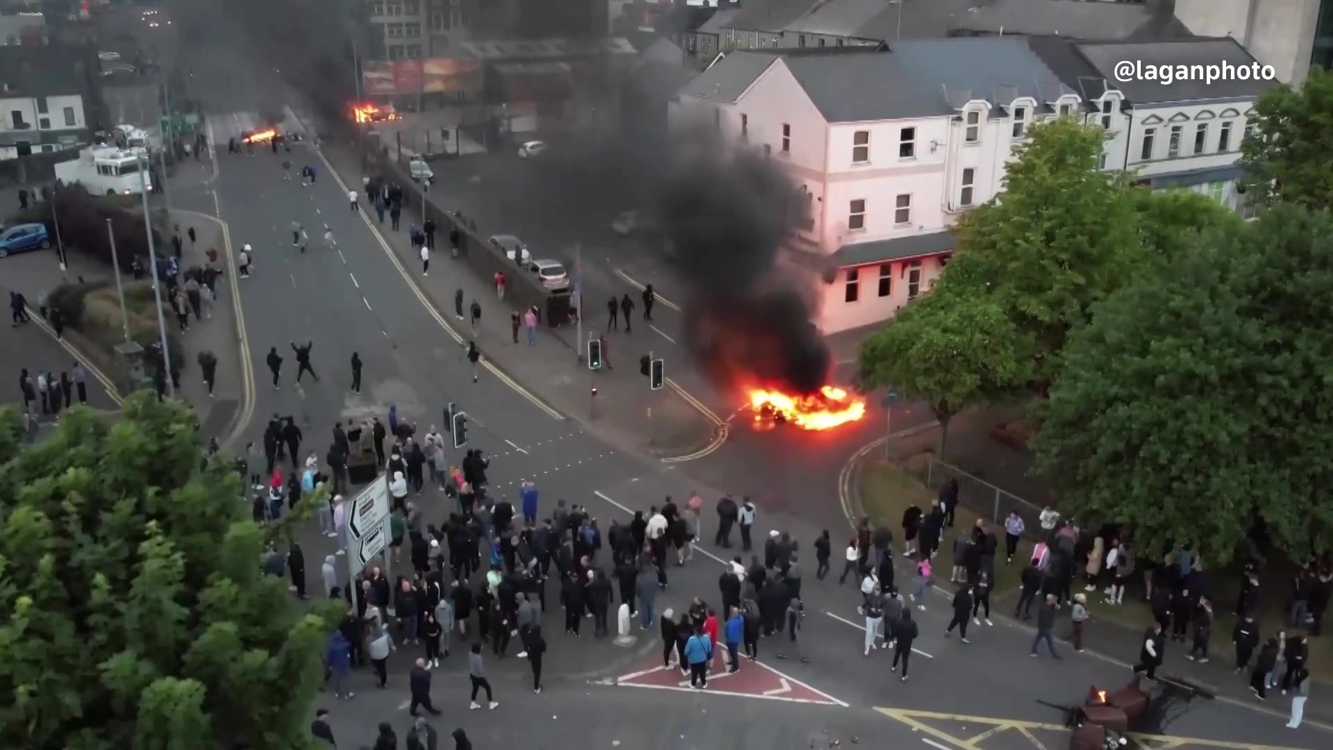 Drone video shows fires in street after riots in Northern Ireland