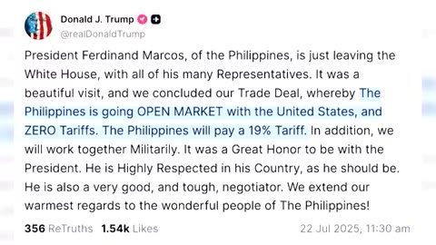 Trump says US will charge 19% tariff on goods from Philippines
