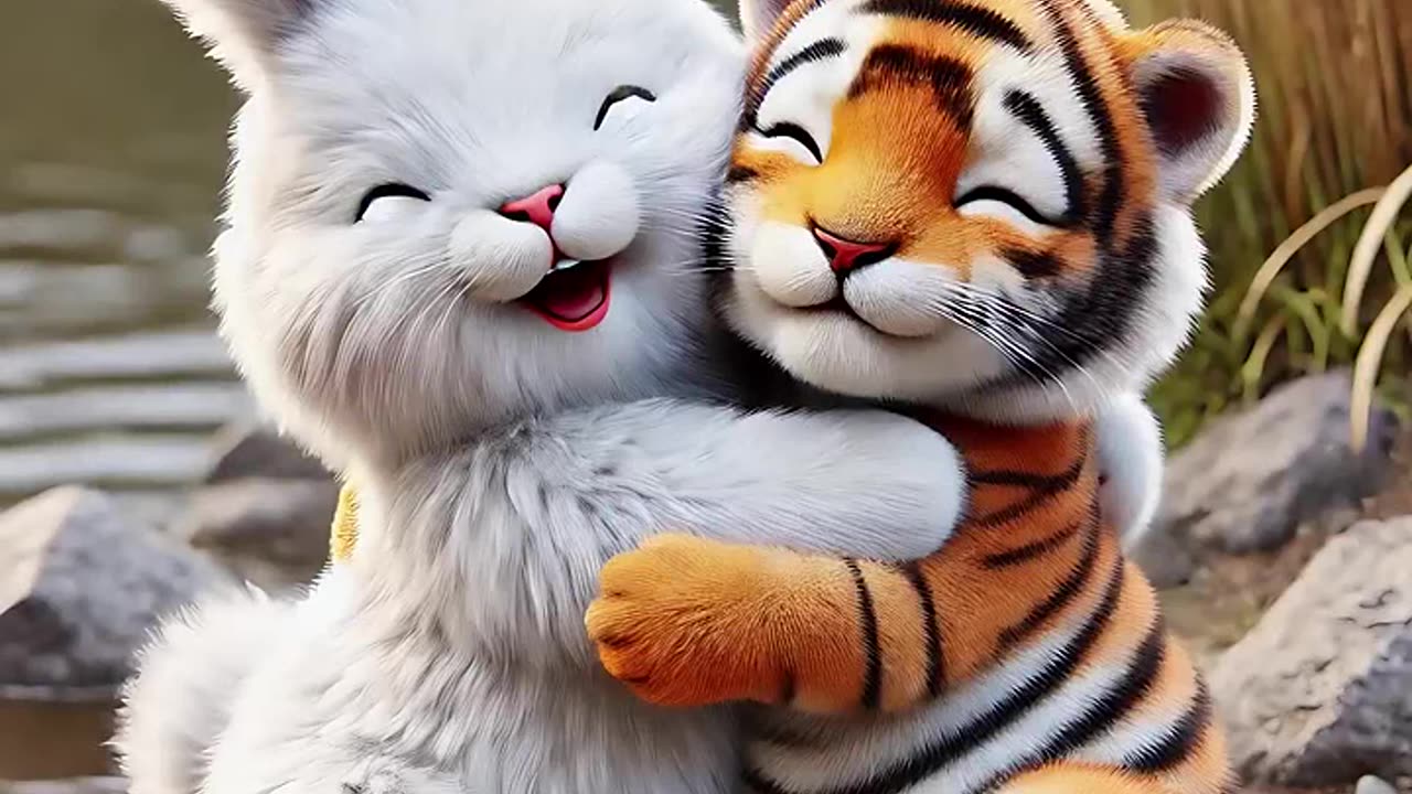 Cute rabbit saves poor little tiger cub