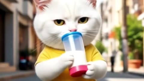 The beautiful cat is wearing a yellow shirt and drinking from a feeder.