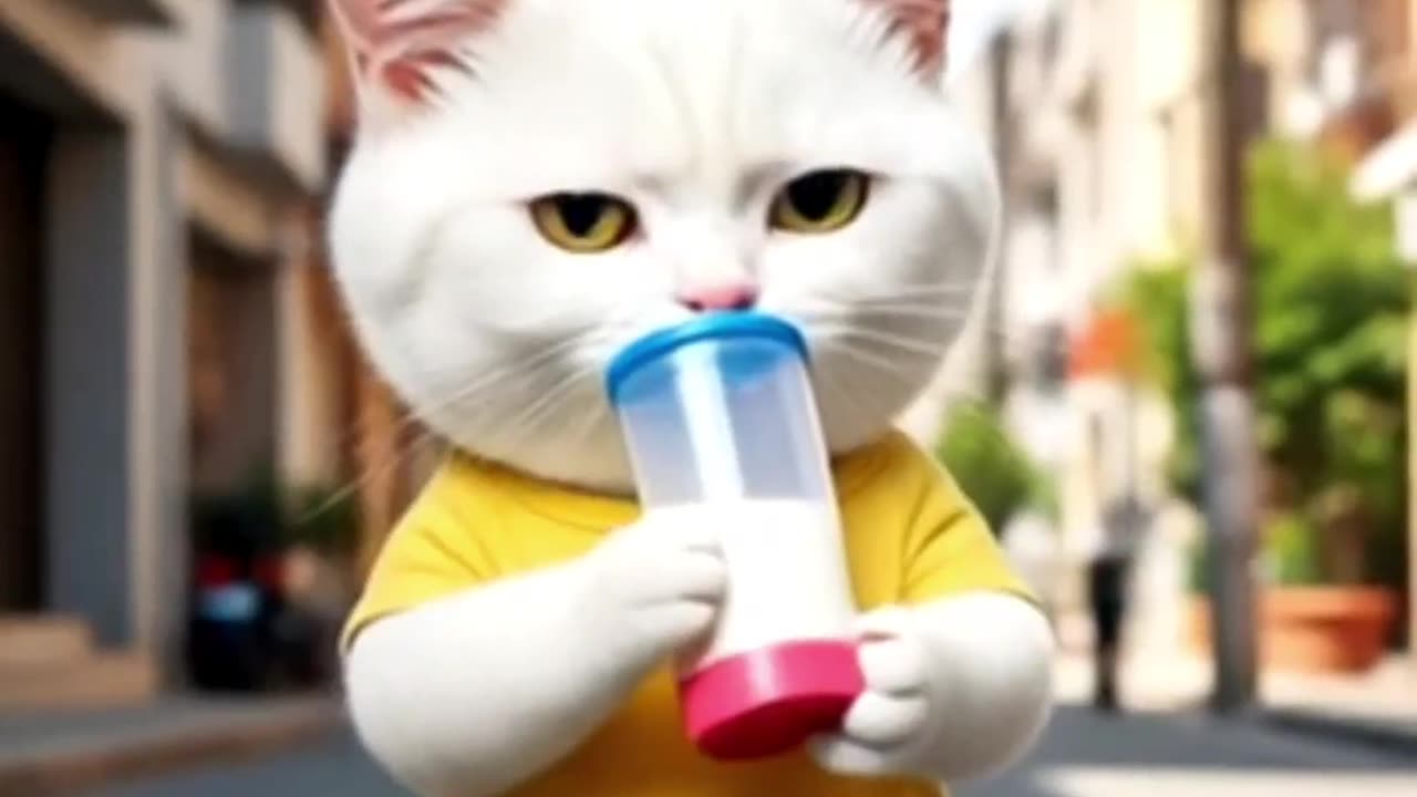 The beautiful cat is wearing a yellow shirt and drinking from a feeder.