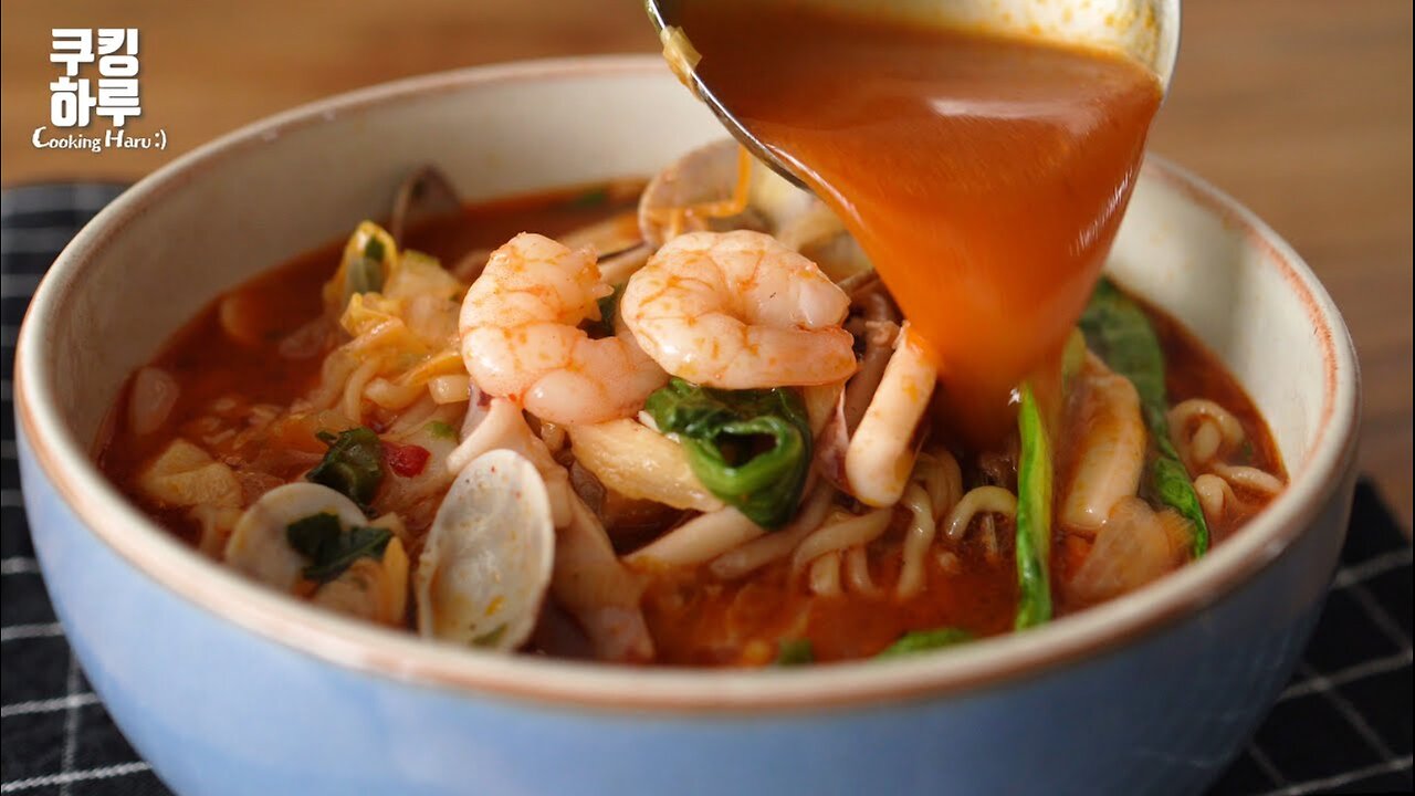 Spicy Seafood Ramen. Korean food in famous TV show hosted by Yoo Jae-Suk