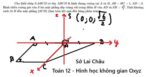 Cho khối chóp S.ABCD có đáy ABCD là hình thang vuông tại A và B, AB = BC = 1, AD = 2.