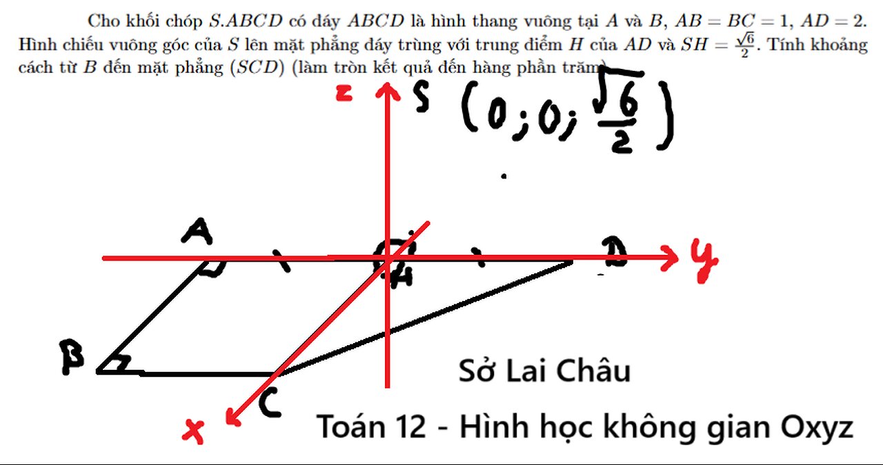 Cho khối chóp S.ABCD có đáy ABCD là hình thang vuông tại A và B, AB = BC = 1, AD = 2.