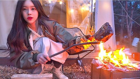 Rice cooker girl Charcoal grilled tomahawk steak. Is this it Alone in an air tent