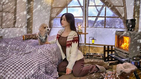 ❄️Sleep overnight in a tent-like cabin in a forest where it's snowing so hard you can't see ahead