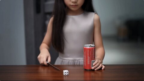 A a East girl with dress throw 3 dice Slice a soda can in half