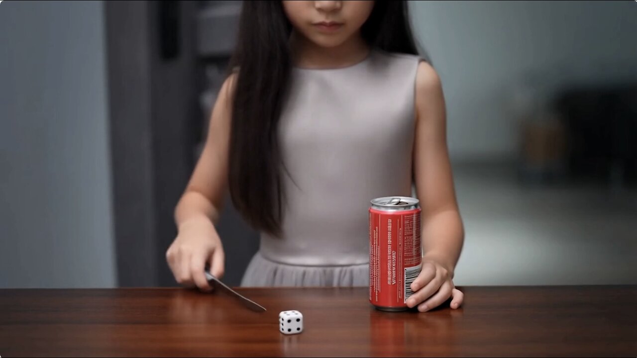 A a East girl with dress throw 3 dice Slice a soda can in half