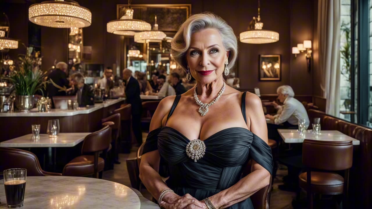 Natural Older Woman Over 70 Elegantly Dressed at DINNER