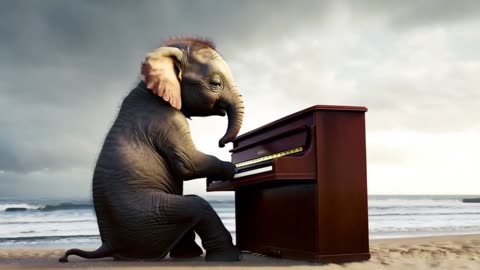 Adorable Baby Elephant Plays Piano on a Rainy Beach