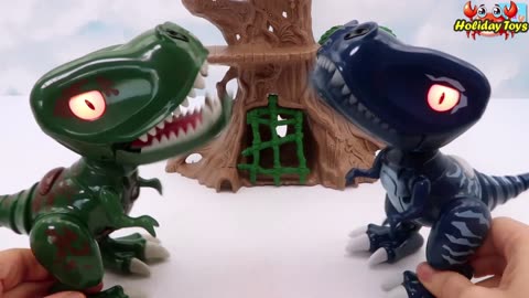 Two Red and Blue Tyrannosaurus Fighting on the Cliff of Mountain