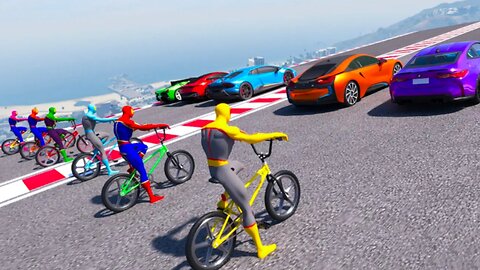 GTA V Epic New Stunt Race For Car Raching Challenge Boats Car Motorcycle With All Super Heroes