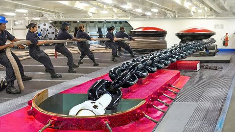 Skilled US Navy Sailors Dropping Massive Aircraft Carrier Anchor In Middle of Ocean