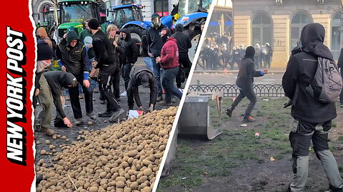 Farmers launch potatoes at police during fiery protests in Brussels