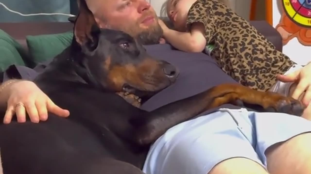 Dad Cuddles Dog and Daughter Before Bed