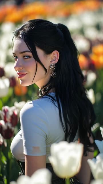 Beautiful girl with white skin, blue eyes, black hair, and a shapely body walking in a tulip garden