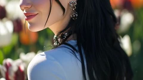 Beautiful girl with white skin, blue eyes, black hair, and a shapely body walking in a tulip garden