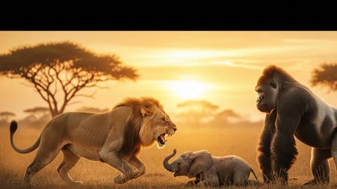 Gorilla Saves Baby Elephant From Lion! Unbelievable Rescue