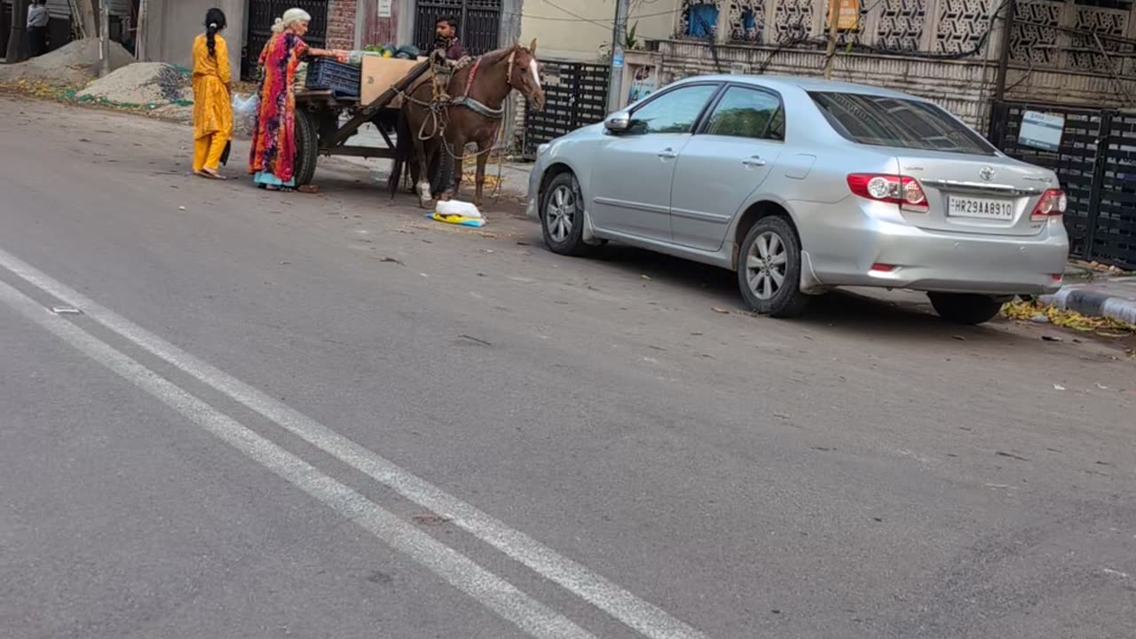 Upturned rickshaw, horse & cart veg seller.