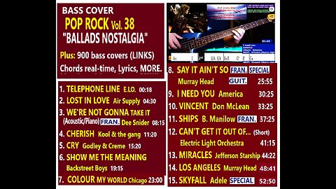 Bass cover POP ROCK Vol 38 "Ballads" _ +900 bass covers (LINKS) _ Chords real-time, Lyrics MORE
